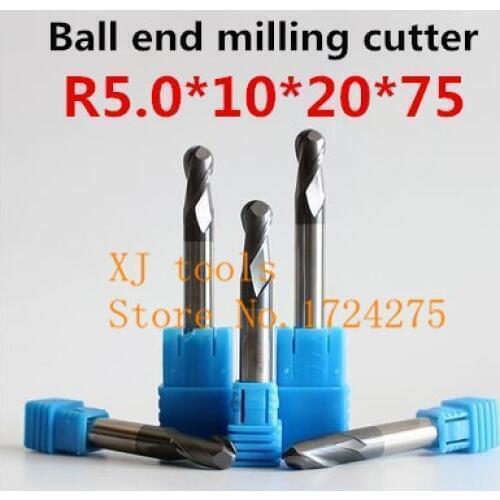 Alloy milling cutter 1PCS*2F-R5.0*10*20*75 Ball end milling cutter, Carbide milling cutter, straight shank cutter, CNC tool