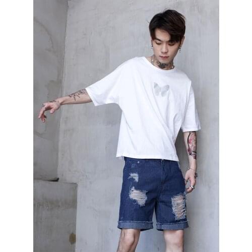 Guochao Hong Kong Style Japanese short sleeve t-shirt men and women lovers splash ink butterfly print Half Sleeve T-Shirt Large