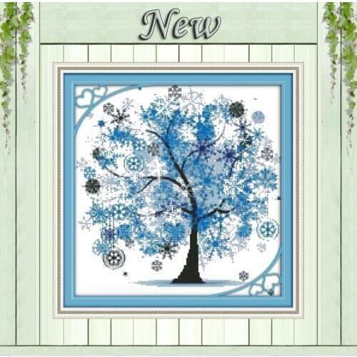 Blue snow tree paintings Happy flowers Counted printed on fabric DMC 14CT 11CT DIY Embroidery Sets Cross Stitch Needlework kits