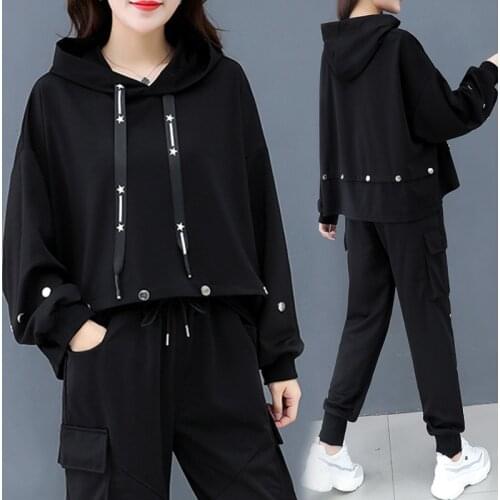 Large Size Black Sweatshirt Sets Womens 2021 Spring Autumn Two Piece Sets Suits Women Casual Loose Tracksuit Womens Pant Suits