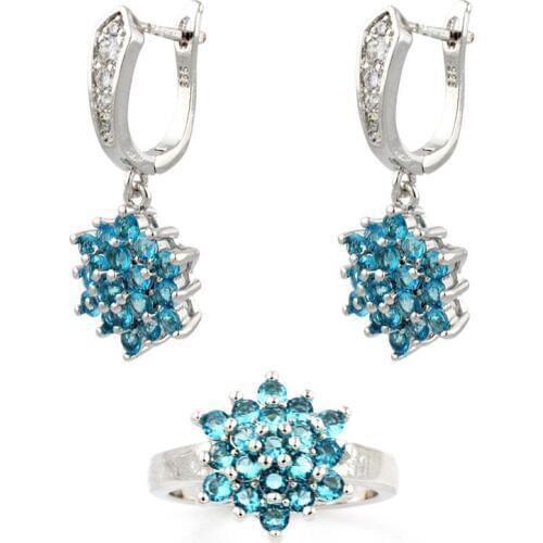 Pretty Women Jewelry Sets Silver Color Dreamy Blue Floral Style Earrings & Ring 7.5# Hermosa Designers