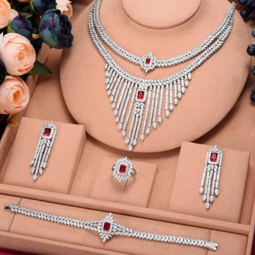 Missvikki 4 PCS Shiny Full Cubic Zirconia Luxury Princess Bangle Earrings Necklace Ring Jewelry Set Brides Wedding Jewellery