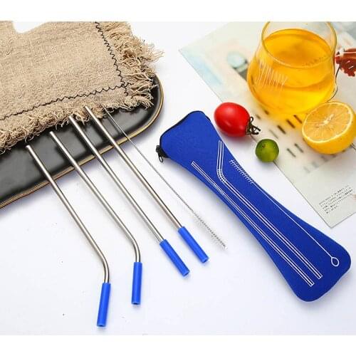 Reusable High Quality 304 Stainless Steel Straight Bent Straws Set Brush Silicone Tips Metal Straw Hot Cold Drinks Bar Tools