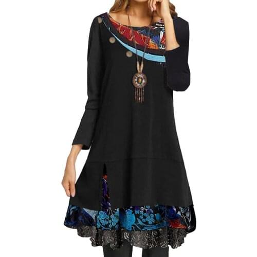 Fashion Casual Women Dress Cotton Long Sleeve Round Neck Loose Floral Print Mini Partywear Dress robe femme женское платье 2021