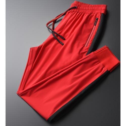 Red Mens Luxury Elastic Waist Contrast Color Woven Tape Sport Male Pants Plus Size 4xl Spring Summer Man Trouser