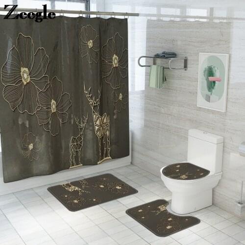 Europe Style Bath Mat and Shower Curtain Set Bathroom Floor Mat Flannel Toilet Mat Anti Slip Bathroom Foot Mat