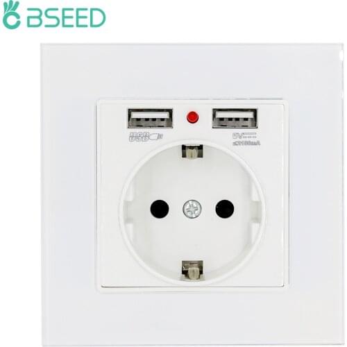 BSEED EU Wall Sockets Single Plugs Sockets White Black Double USB Socket Crystal Glass Panel Sockets Kids Protection 16A