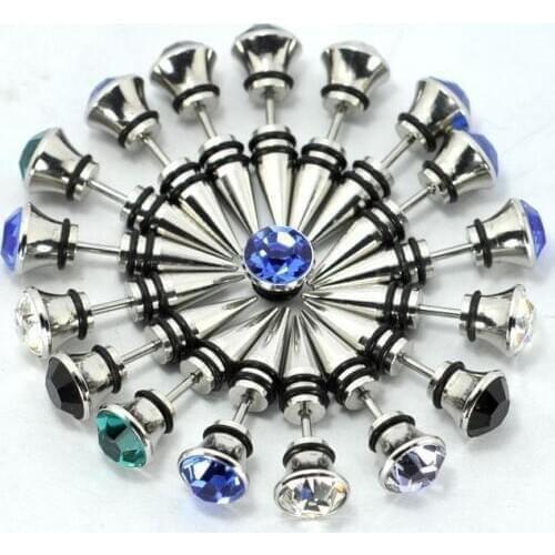 New wholesale 9mm 5 colors titanium steel dumbbell earrings big gem stone top spike stud earrings men punk fashion jewelry