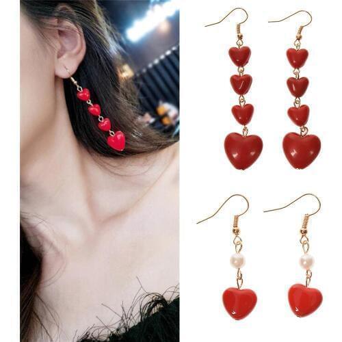 New Korean Style Lovely Heart Pendant Long Tassel Earrings Red Peach Heart Drop Earrings For Women Girls Best Gift Wholesale
