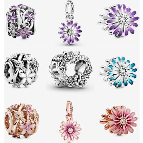 2021 Hot Sale New 925 Sterling Silver Purple Daisy Charm Fit Pandora Bracelet Bangle Rose Gold Beads Charm DIY Jewelry