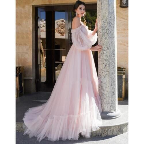 Long Sleeves Pink A-Line Wedding Dresses Pleated 2020 Sexy Tulle Soft Bridal Gowns Lace Up Back Formal Long Vestidos De Mariee
