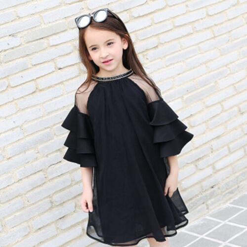 Teenage Girls Dresses Summer Fashion Flare Sleeve Black Color Chiffon Dress 120cm-160cm Childrens Costumes Kid Clothes For Girl