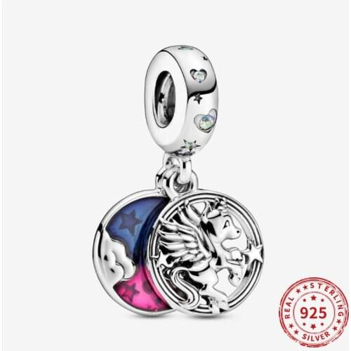 Real 925 Sterling Silver bead Magical Pegasus Double Dangle Charm for Women Fit Pandora Bracelets Bangles DIy Jewelry