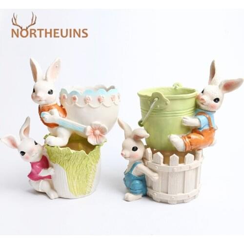 NORTHEUINS Resin Rabbit Flower Pot Retro Creative Animal Vase Flowerpot Garden Decoration Outdoor Planter Easter Bunny Figurines