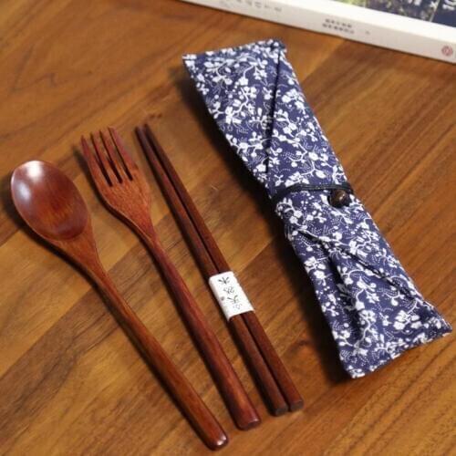 Baispo Portable Tableware Wooden Cutlery Sets With Useful Spoon Fork Chopsticks Travel Gift Dinnerware Suit With Cloth Bag