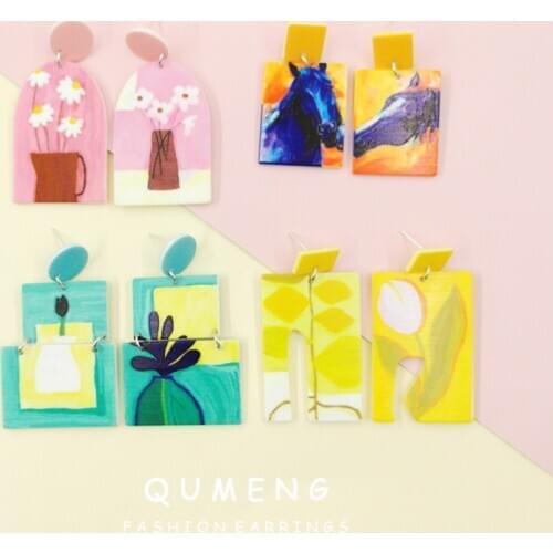 QUMENG New Design Graffiti Painting Colorful printing Acrylic Drop Earrings Geometric Female Oval Round Square Party Jewelry
