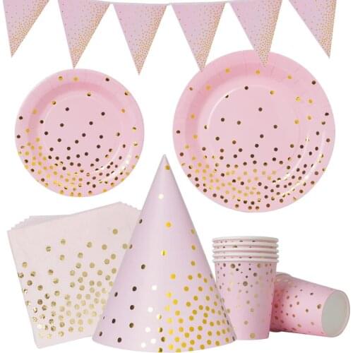 Pink Bronzing Gold Dot Birthday Party Decoration Baby shower Set Wedding Party Cup Plate Disposable Tableware Supplies Set