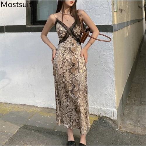 Python Printed Sexy Women Long Dress Summer Sleeveless Spaghetti Strap V-neck Lace Spliced High Street Dresses Vestidos 2021
