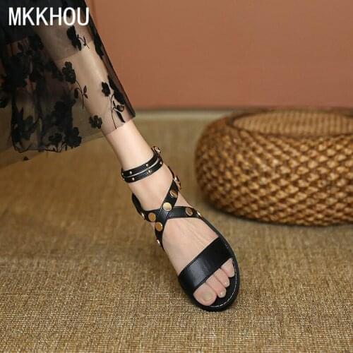 MKKHOU Fashion Sandals Womens New Summer Shoes Genuine Leather Strap Rivet Comfortable Casual Flat Sandals Large Size 34-43