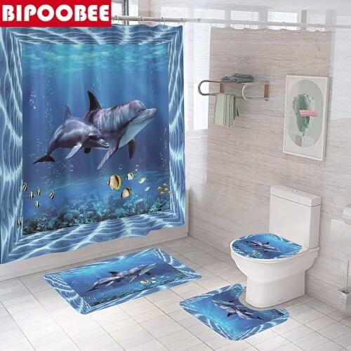 Dolphin Shower Curtain Blue Dream Sea World Bath Mats Toilet Cover Cute Tropical Ocean Yellow Small Fish Bathroom Curtains