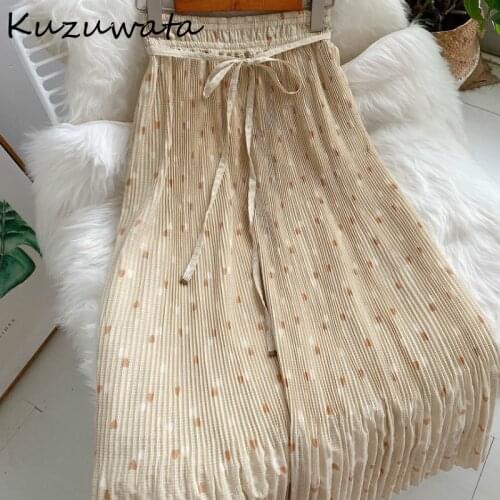 Kuzuwata 2021 Spring Summer New Ruffles Patchwork Women Skirt Chic Love Heart Print Pleated Skirts Drawstring Stretch Waist Jupe