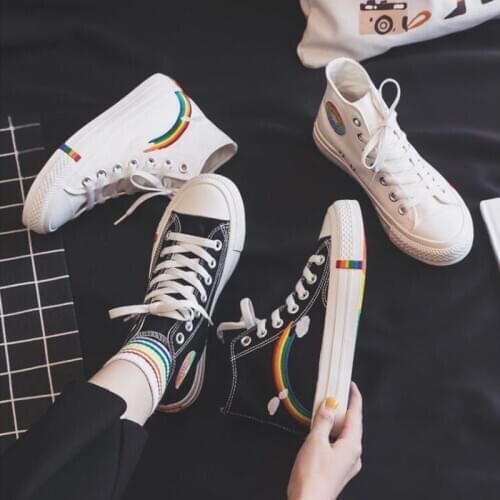 Women Vulcanized Shoes High Top Women sneakers Rainbow Canvas Shoes zapatillas mujer Flats White Black shoes for woman
