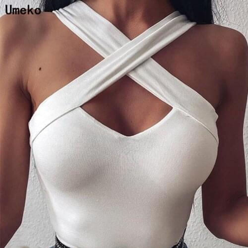 Umeko 2020 Sexy Tank Top Women Open Back V-neck Fashion Women Summer Solid Color Overlay Cross Sling Hollow Backless Crop Top