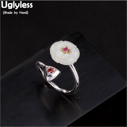 Uglyless 100% Real 925 Sterling Silver Handmade Triangle Open Rings for Women Nature Jade Flower Ring Female Fine Jewelry Bijoux