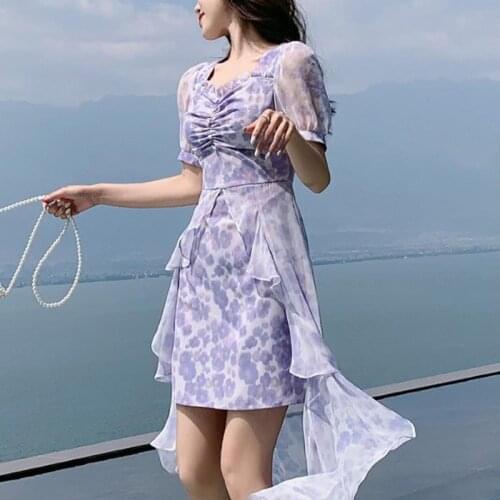 Bella Elegant Casual Floral Dress Women 2021 Summer Beach Bohemian Evening Party Midi Dress Ladies Puff Sleeve Korean Fashion