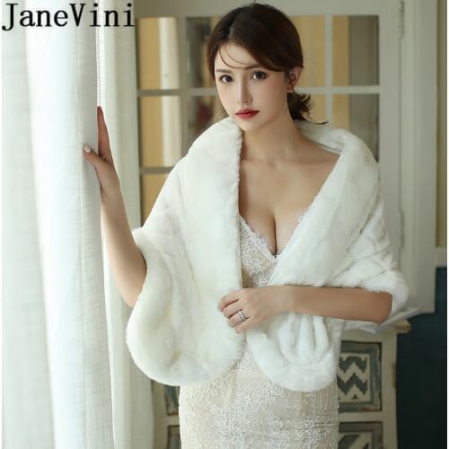 JaneVini White Faux Fur Wedding Bridal Bolero Winter Women Shoulder Wraps Capes Evening Shawls Formal Wedding Dress Stoles 2020