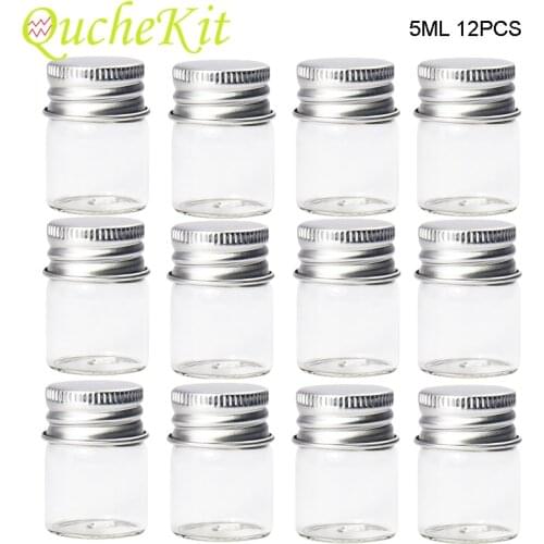12Pcs 5ml Glass Jar Bottles With Aluminum Cover Small Mini Glass Jars Wish Bottles Tobacco Herb Storage Box Case Sample Bottle