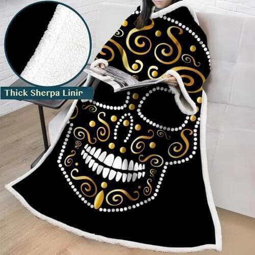 3D Painting Gold Skull Sherpa Blankets for Beds Velvet Plush Throw Blanket with Sleeve Soft Manta Custom Warm Winter Blankets
