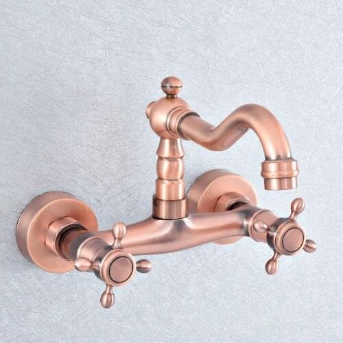 Antique Red Copper Bathroom Faucet Wall Mounted Basin Faucet 360 Degree Rotation Double Handle Cold Hot Water Mixer Tap Lsf862