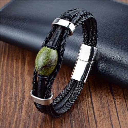Stainless Steel Bracelet Gypsy Leather Wrap Bracelet Green Yuhua Stone Beads Bracelet Natural Stone Jewelry Yoga Jewelry Gifts