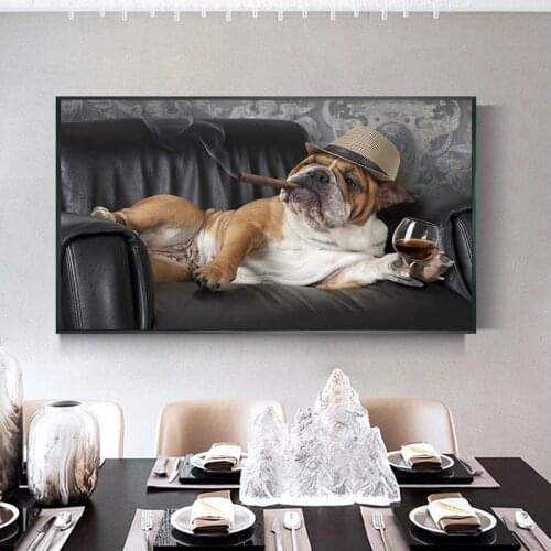Bulldog Smoking Cigar Art Canvas Painting in The Wall Animal Posters and Prints Wall Art Picture for Living Room Home Decor