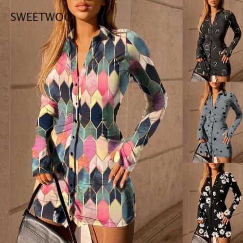 Daisy Floral Print Shirt Dress 2021 New Sexy Women Long Sleeve Deep V-Neck Buttons Up High Waist Pencil Dress 4 Color