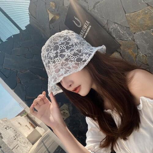 Daisy Embroidered Buckets Hat Transparent Panama Women Lace Flower Beach Hats Fashion Sun Cap Summer Stackable Lace Flowers 2021
