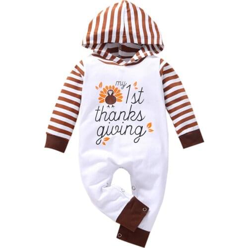 Infant Baby Romper, Toddler Letter Stripe Print Long Sleeve Hooded Jumpsuit for Spring Fall