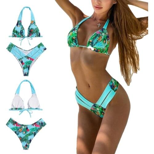 Flower Zebra-stripe Printed Two Piece Swimwear Womens Sexy Bikini Sets Sleeveless Halter Tops Briefs Swimsuit Bare Midriff Set