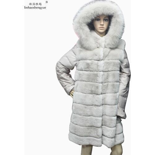 Linhaoshengyue Winter Rex Rabbit Fur Women Coat with Eiderdown Sleeve Fashion Winter Warm Detachable Sleeves