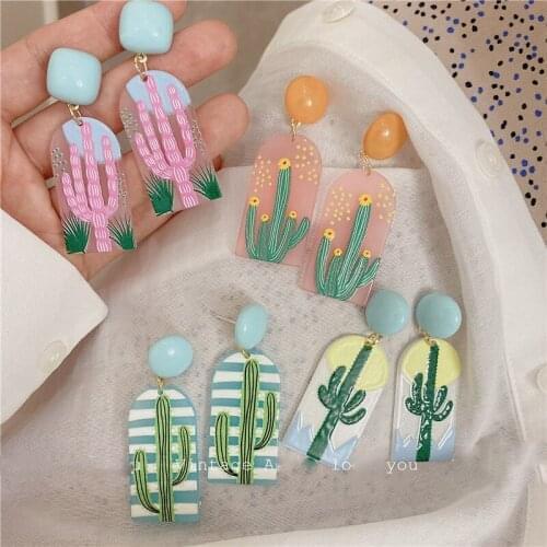 Cute Fashion Geometric Rectangle Dangle Drop Long Earrings Harajuku Plant Cactus Acrylic Earrings for Women 2021 Jewelry