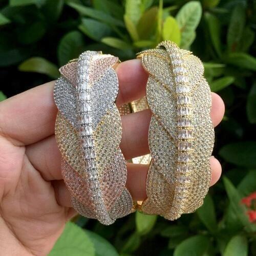 ModemAngel Luxury leaf shape Bangle Ring Sets Fashion Bridal Jewelry Sets For Women Wedding Cubic Zircon Crystal