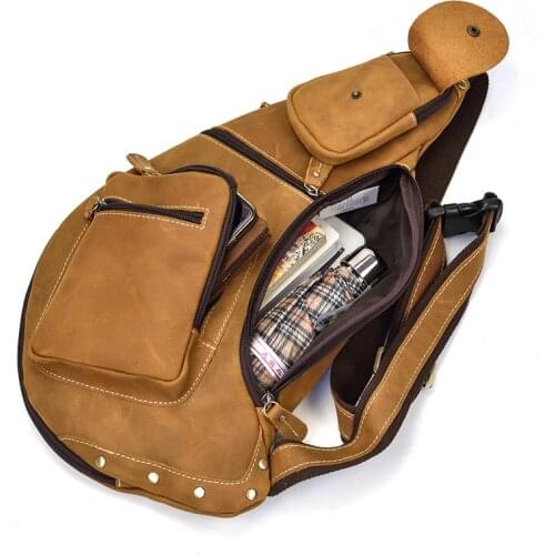 Mans Chest Pack Leather Crossbody Bags for Men Sports Riding Crazy Horse Leather Big Chest Bag Genuine Leather Sling Bag