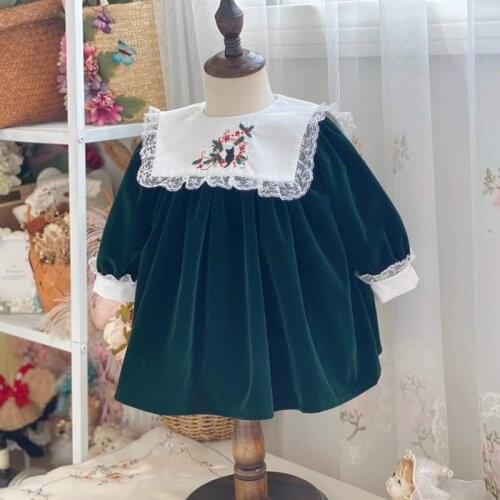 2020new Winter Dark Green Retro Velvet Girl Dress Girls Sweet Princess Dress Toddler Girl Christmas Outfits Baby Girl Clothing