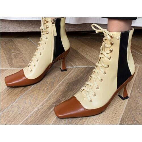 OLOMLB US4-11 Womens Square Toe Ankle Boots Irregular Strange High Heel Lace Up Match Colors Genuine Leather Shoes 3Colors Plus