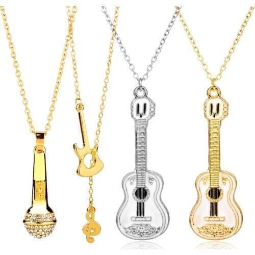 Microphone Crystal Chain Necklace Rapper Headphone Headset Music Note Guitar Charm Pendant Men Women Hip Hop Jewelry Accessories