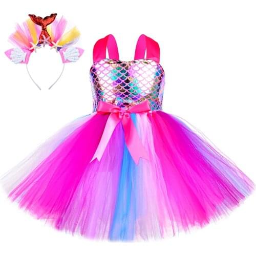 Girls Mermaid Tutu Dress Baby Girls Birthday Party Dresses with Headband Halloween Costume Kids Christmas Carnival Outfits 1-8Y