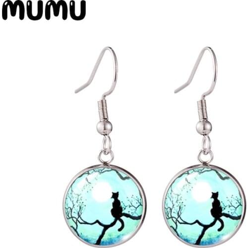 2021 New Moon And Cat Silhouette Fish Hook Earring Lovely Cats Photo Round Jewelry Glass Dome Earrings Gifts Girl