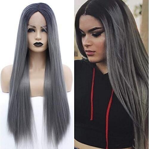 DLME Gray Synthetic Lace Front Wig For Black Women Heat Resistant Hair Ombre Long Gray Wigs