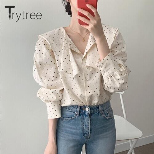 Trytree Spring Autumn Blouse Women Casual Ruffled Collar Polka Dot Puff Sleeve Single Breasted Silky Office Lady Shirts Tops